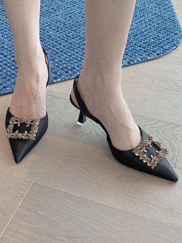 Women Rhinestone Decor Point Toe Pyramid Heeled Pumps, Glamorous Black Lycra Slingback Pumps