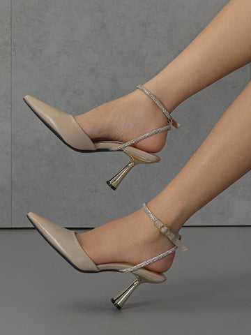 Women Rhinestone Decor Pumps, Point Toe Heeled Ankle Strap Pumps