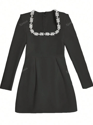 Women Rhinestone Embellished Crew Neck Long Sleeve Bandage Party Dress