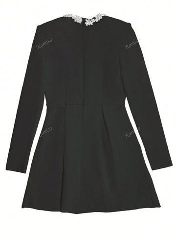 Women Rhinestone Embellished Crew Neck Long Sleeve Bandage Party Dress