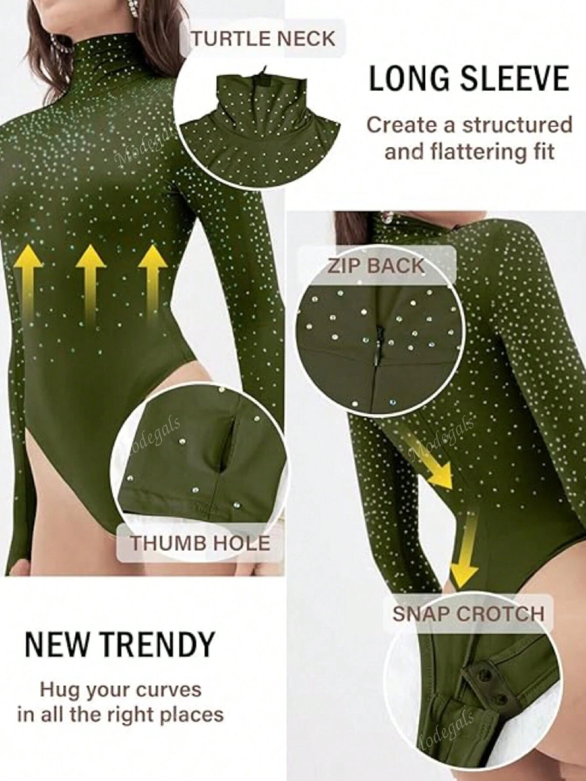 Women Rhinestone High Neck Long Sleeve Bodysuit With Back Zipper And Thumb Hole