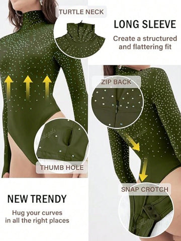 Women Rhinestone High Neck Long Sleeve Bodysuit With Back Zipper And Thumb Hole