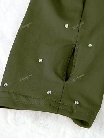 Women Rhinestone High Neck Long Sleeve Bodysuit With Back Zipper And Thumb Hole