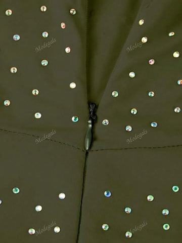 Women Rhinestone High Neck Long Sleeve Bodysuit With Back Zipper And Thumb Hole