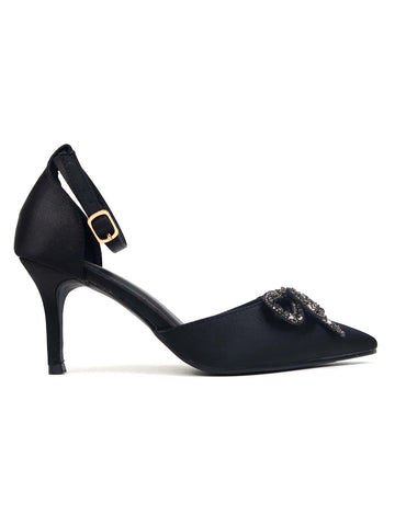 Women Rhinestone & Bow Decor Point Toe Stiletto Heeled Pumps, Party Glamorous Black Solid Satin Ankle Strap Pumps For Outdoor