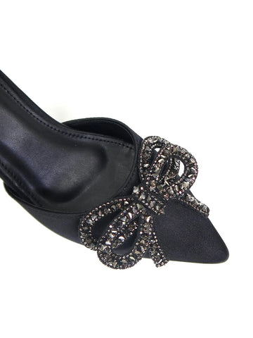 Women Rhinestone & Bow Decor Point Toe Stiletto Heeled Pumps, Party Glamorous Black Solid Satin Ankle Strap Pumps For Outdoor
