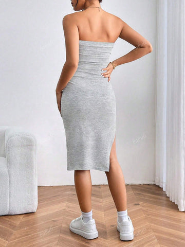 Women Ribbed Knit Slit Front Fitted Bodycon Dress
