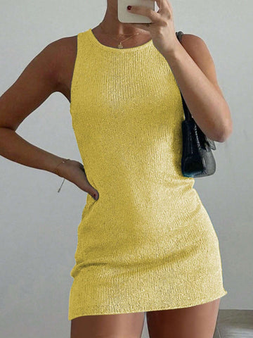 Women Round Neck Solid Sleeveless Dress For Summer