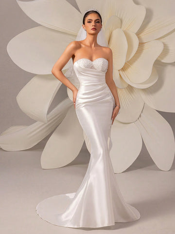 Women Ruched Bustier Tube Wedding Dress