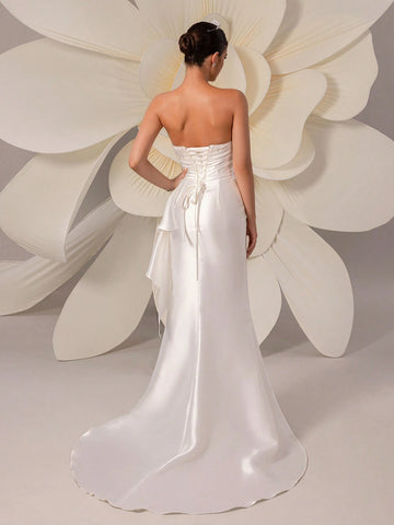 Women Ruched Bustier Tube Wedding Dress