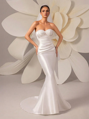 Women Ruched Bustier Tube Wedding Dress