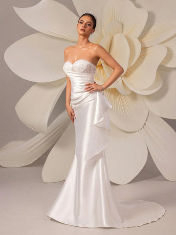 Women Ruched Bustier Tube Wedding Dress