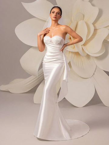 Women Ruched Bustier Tube Wedding Dress