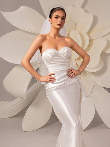 Women Ruched Bustier Tube Wedding Dress