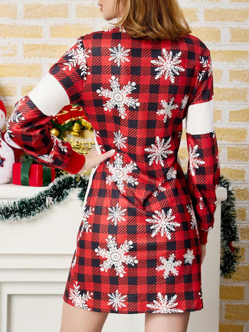 Women' S Merry Christmas Holiday Long Sleeve Plaid & Snowflake Print Dress, Family Matching Mother Daughter Dress, New Spring Autumn
