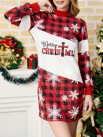 Women' S Merry Christmas Holiday Long Sleeve Plaid & Snowflake Print Dress, Family Matching Mother Daughter Dress, New Spring Autumn