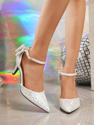 Women Satin Bow-Knot Pointed Toe Ankle Strap Stilettos Pumps, For Spring And Autumn