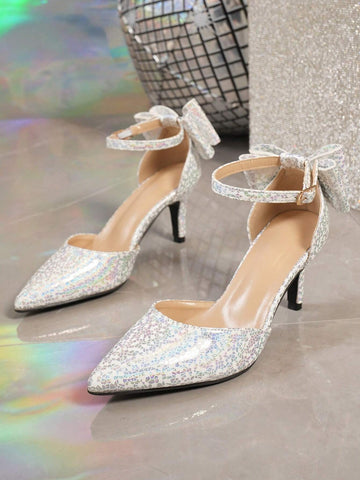 Women Satin Bow-Knot Pointed Toe Ankle Strap Stilettos Pumps, For Spring And Autumn