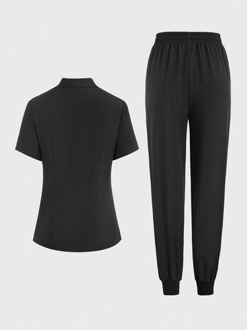 Women Scrubs With Half-Zipper Short Sleeve Top And Pants Sets Medical Nursing Uniform Scrub Set