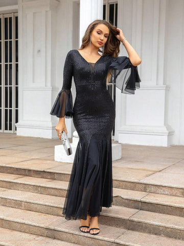 Women Sequin V-Neck Sheer Mesh Trumpet Sleeve Mermaid Hem Sequined Formal Dress