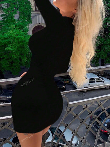 Women Sexy Bodycon Long Sleeve High Neck Mini Dress