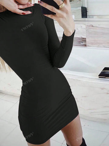 Women Sexy Bodycon Long Sleeve High Neck Mini Dress