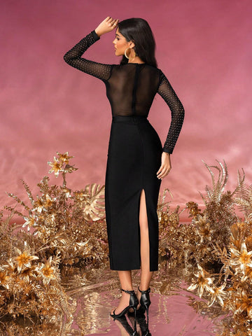 Women Sexy Rhinestones Decor Mesh Bodycon Dress