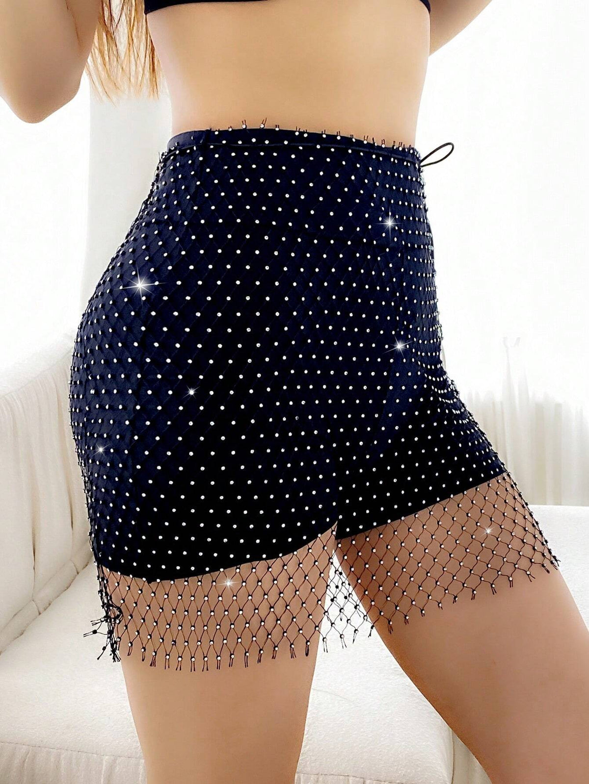 Women Sexy See-Through Mesh Skirt With Rhinestone And Tassel Embellishment, Summer