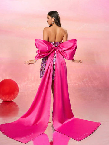 Women Sexy Sequined Floral Halter High-Low Party Dress With Oversized Bow Decor, Skirt