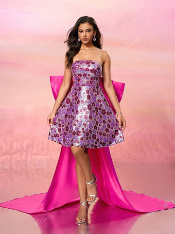 Women Sexy Sequined Floral Halter High-Low Party Dress With Oversized Bow Decor, Skirt