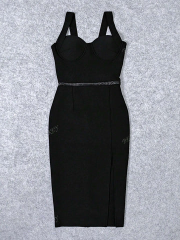 Women Sexy Spaghetti Strap Knee Length Black Sleeveless Split Bandage Dress