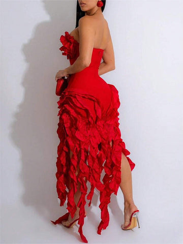 Women Sexy Strapless Irregular Fringed Solid Color Dress