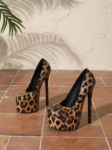 Women Shallow Mouth Fashion Shoes, Round Toe Crystal & Leopard Print Contrast Color