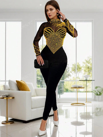Women Sheer Mesh Rhinestone Embellished Bodycon Long Sleeve Jumpsuit