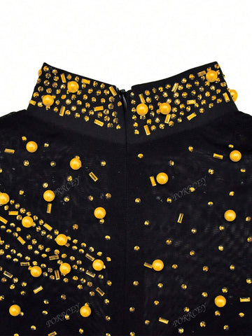 Women Sheer Mesh Rhinestone Embellished Bodycon Long Sleeve Jumpsuit