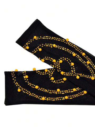 Women Sheer Mesh Rhinestone Embellished Bodycon Long Sleeve Jumpsuit