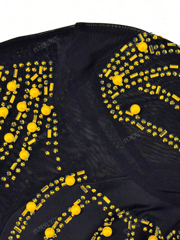 Women Sheer Mesh Rhinestone Embellished Bodycon Long Sleeve Jumpsuit