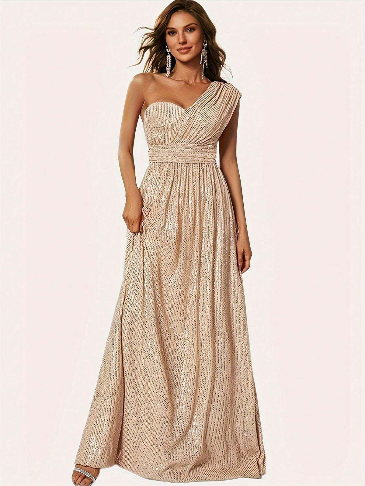 Women Shiny Elegant One Shoulder Evening Gown, Wedding Party Dress