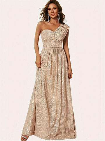 Women Shiny Elegant One Shoulder Evening Gown, Wedding Party Dress