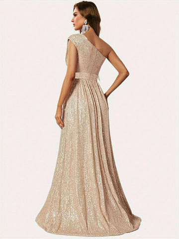 Women Shiny Elegant One Shoulder Evening Gown, Wedding Party Dress