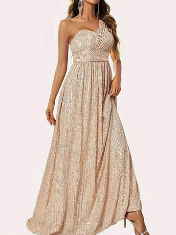 Women Shiny Elegant One Shoulder Evening Gown, Wedding Party Dress