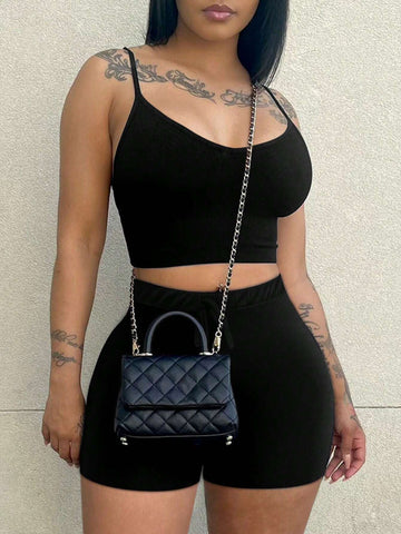 Women Shortened Camisole Vest And Shorts, Simple Style Two-Piece Set For Summer