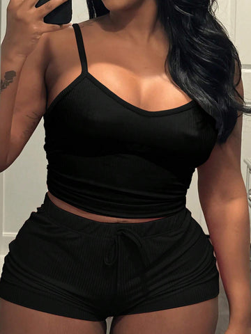 Women Shortened Camisole Vest And Shorts, Simple Style Two-Piece Set For Summer