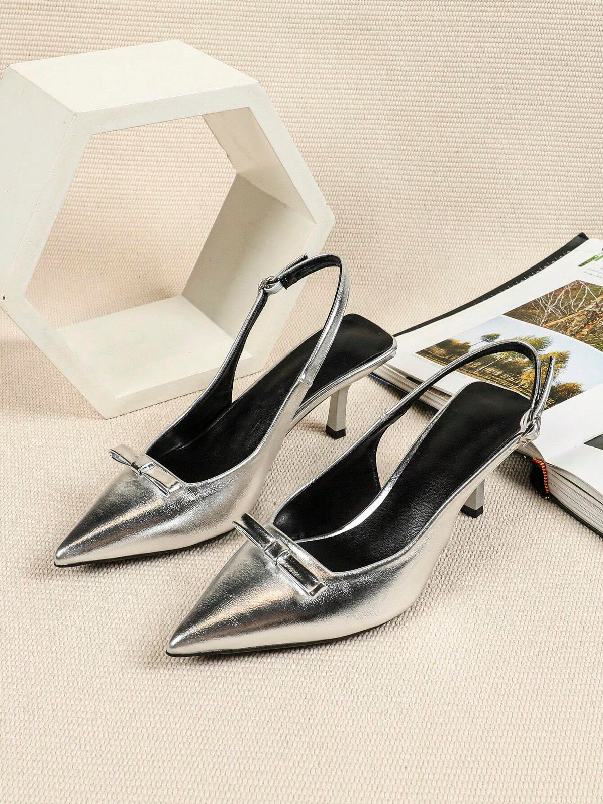 Women Silver Color High Heel Sandals, Mary Jane Shoes, Kitten Heels, Formal Shoes, Backless Butterfly Slip-On Pumps
