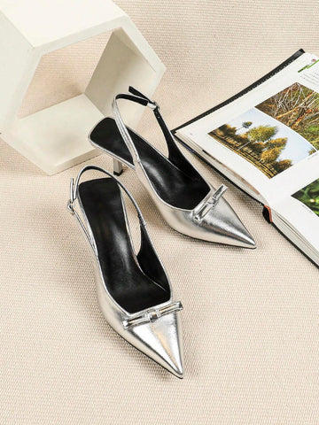 Women Silver Color High Heel Sandals, Mary Jane Shoes, Kitten Heels, Formal Shoes, Backless Butterfly Slip-On Pumps