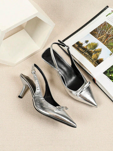 Women Silver Color High Heel Sandals, Mary Jane Shoes, Kitten Heels, Formal Shoes, Backless Butterfly Slip-On Pumps