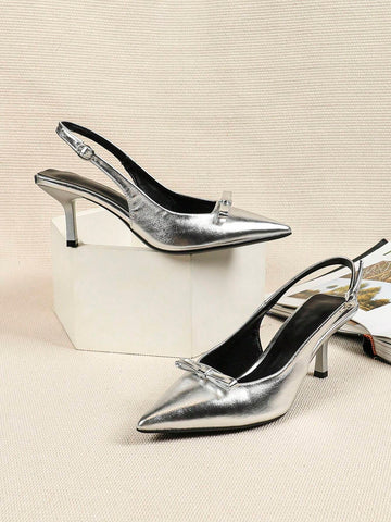 Women Silver Color High Heel Sandals, Mary Jane Shoes, Kitten Heels, Formal Shoes, Backless Butterfly Slip-On Pumps