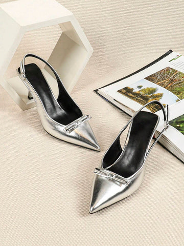 Women Silver Color High Heel Sandals, Mary Jane Shoes, Kitten Heels, Formal Shoes, Backless Butterfly Slip-On Pumps