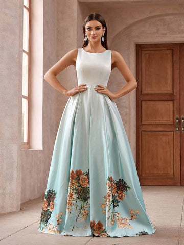 Women Simple Flower Printed Sleeveless Bridesmaid Dress