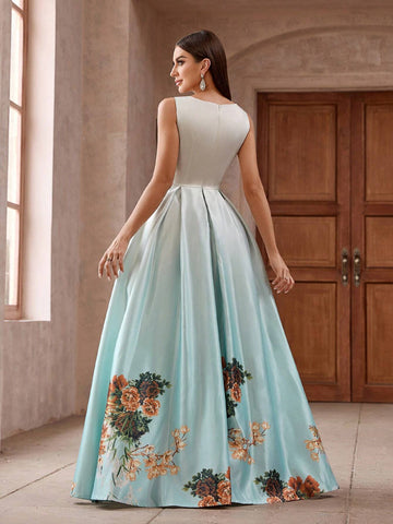 Women Simple Flower Printed Sleeveless Bridesmaid Dress